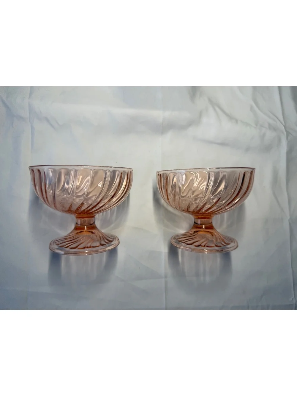Pair Pink Depression Glass Spiral Optic Pedestal Candy Dishes Swirl Bowls 5”